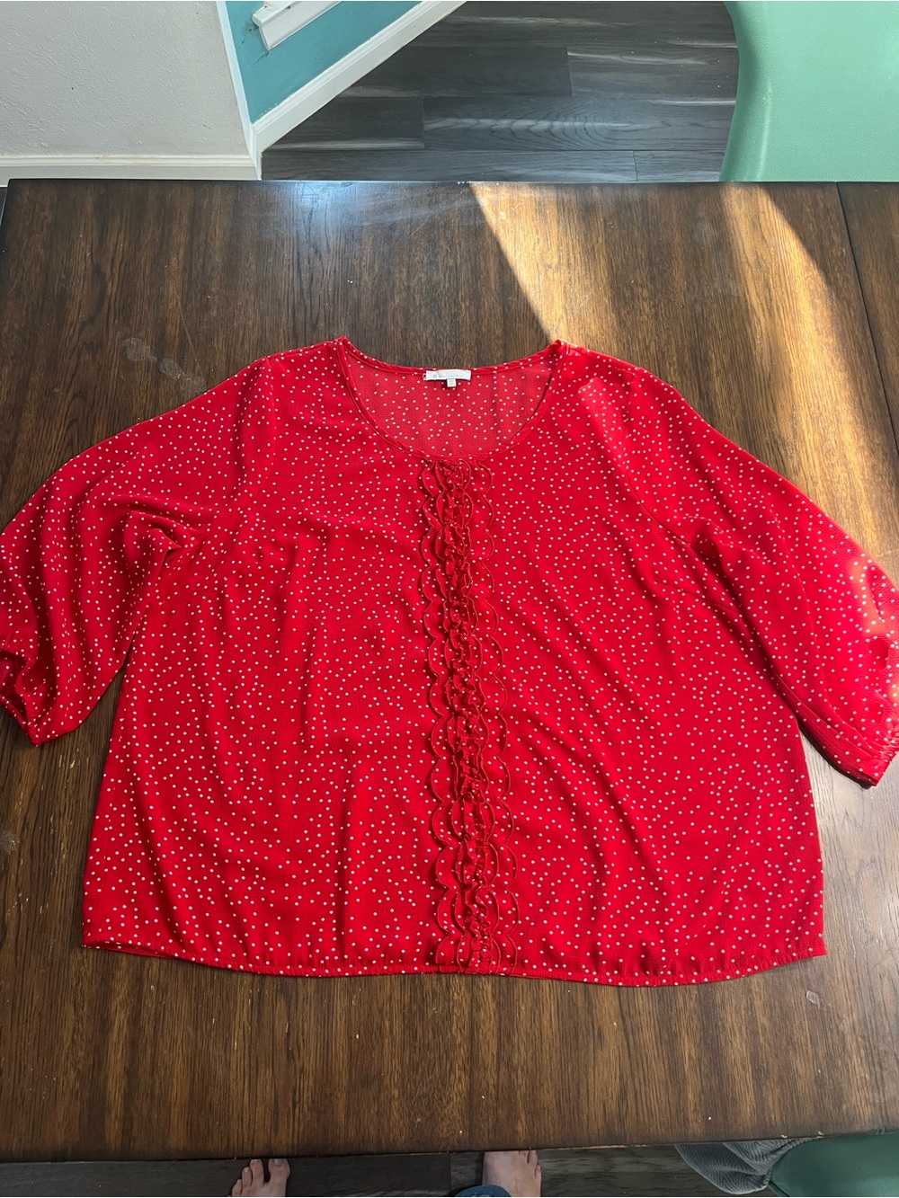 Vibrant Red Polka Dot Blouse with Ruffle Trim Detail - Plus Size